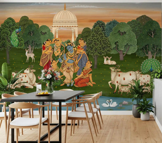 Dining room set with the Vrindavan Tranquil Melody wall mural 