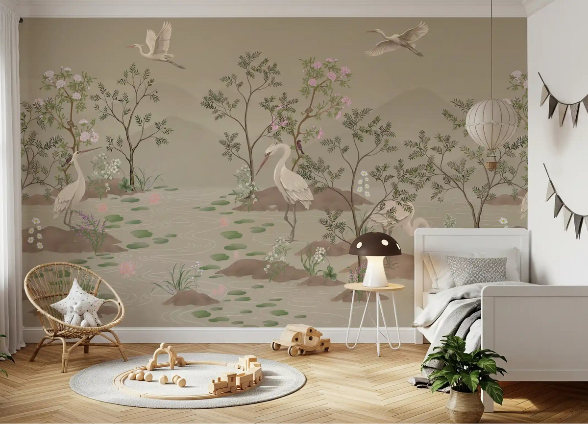 Kid bedroom wall mural showing cranes wading in a lotus pond
