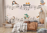 Cosy kids' room with the Harmonious Animal Band wall mural behind a tented bed setup