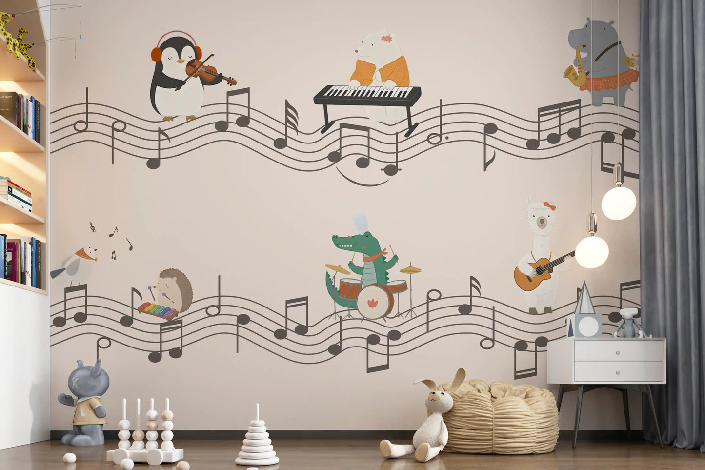 Crocodile drummer mid-beat across the panel of the Harmonious Animal Band wall mural