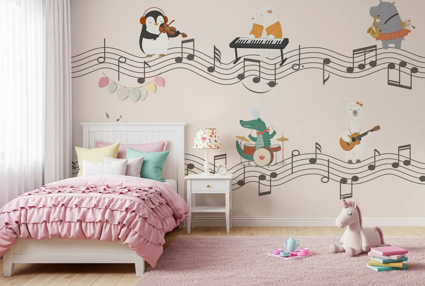Hippo with saxophone and bear at the keyboard featured on the animal band wall mural