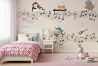 Hippo with saxophone and bear at the keyboard featured on the animal band wall mural