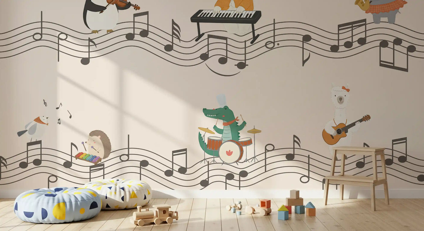 Kids' Playroom showing the Harmonious Animal Band wall mural above a tidy timber bed