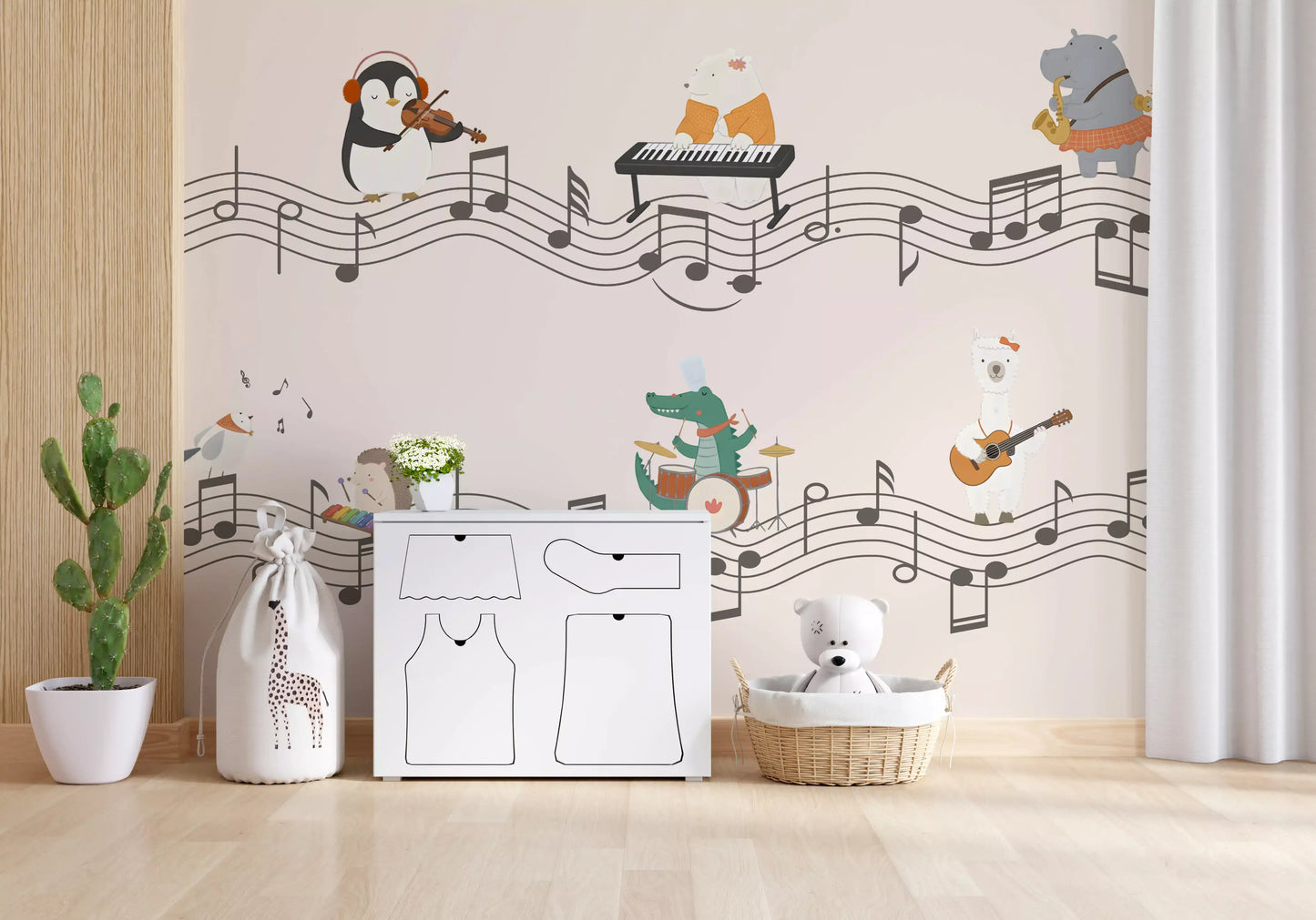 Pink-bedded children's room where the animal band wall mural 