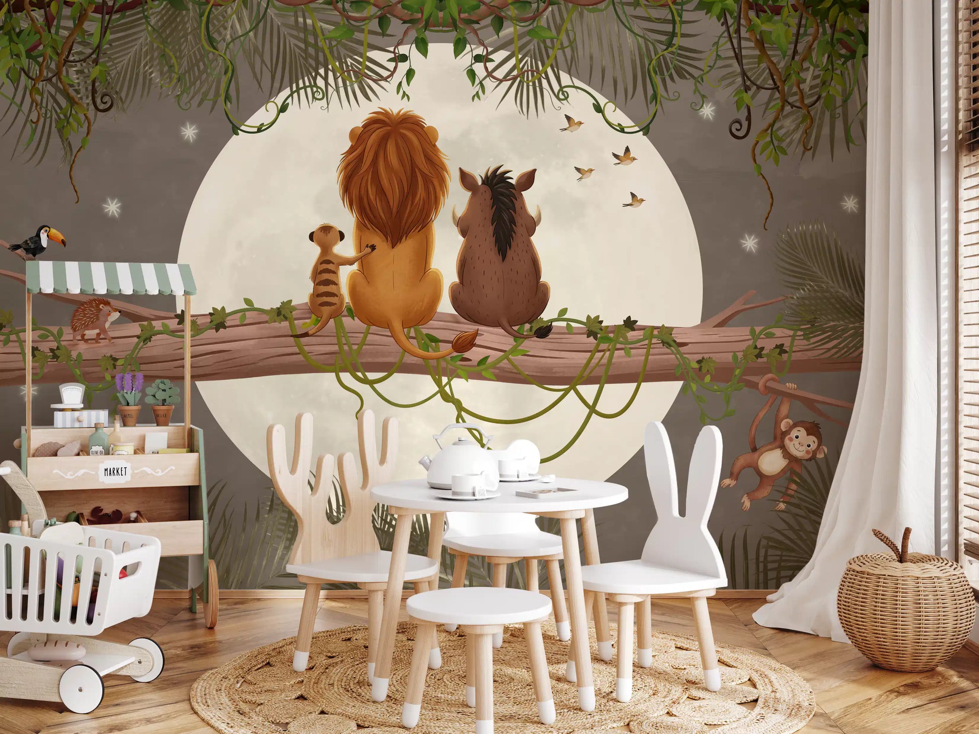 Playroom feature surface carrying the jungle friends wall mural near a rainbow play mat