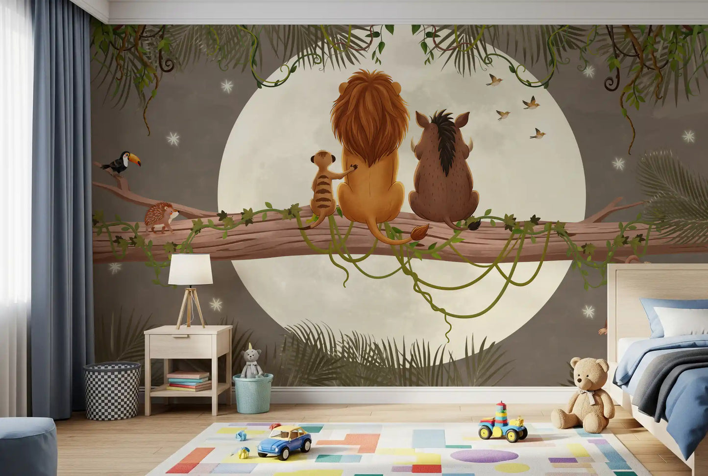 Moonlit Jungle Friends wall mural showing a lion, warthog and meerkat on a thick branch