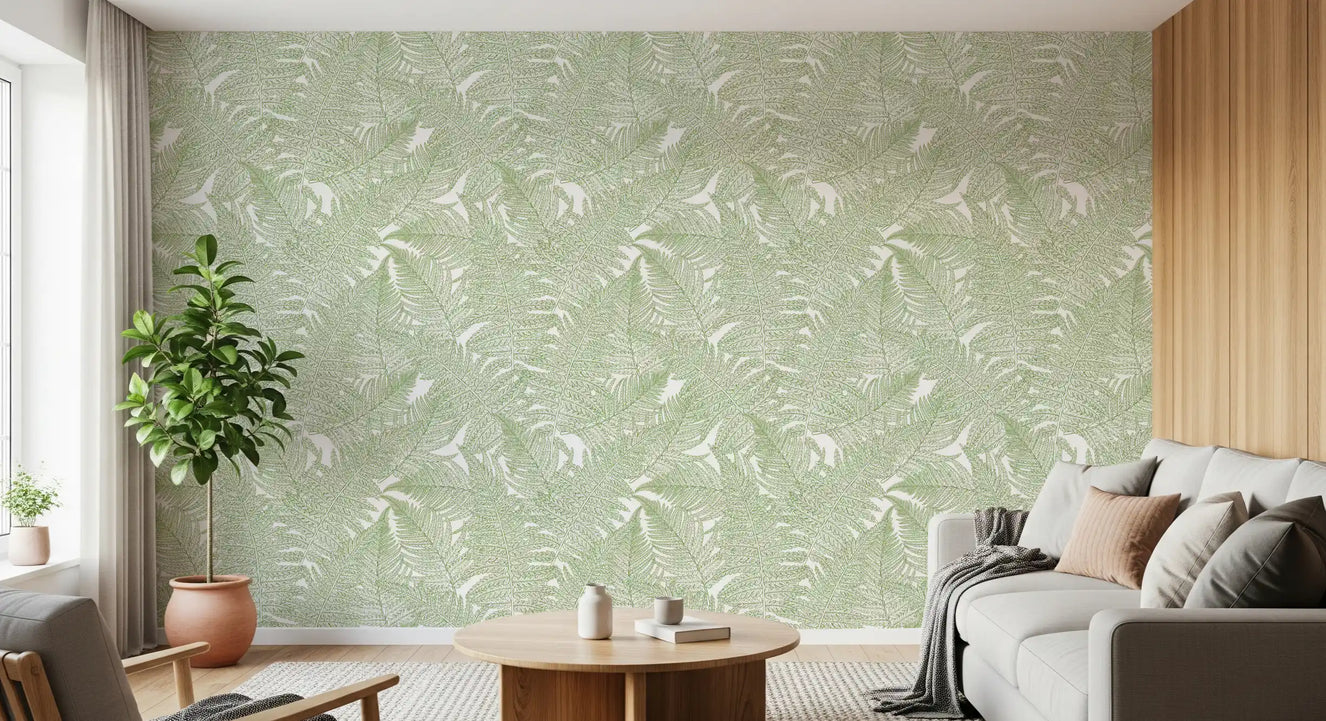 Sunlit living room with sofa and greenery set against Serene Fern wallpaper