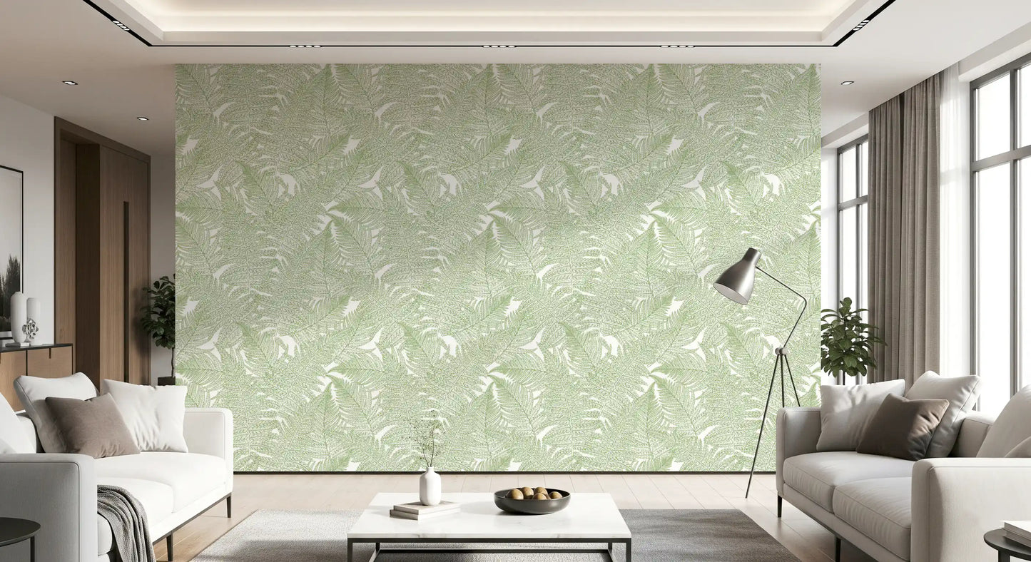 Twin bedside lamps glow on of Serene Fern wallpaper in a Living room