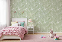 Pink bedding pops in a soft bedroom finished with the Wallscapes wallpaper
