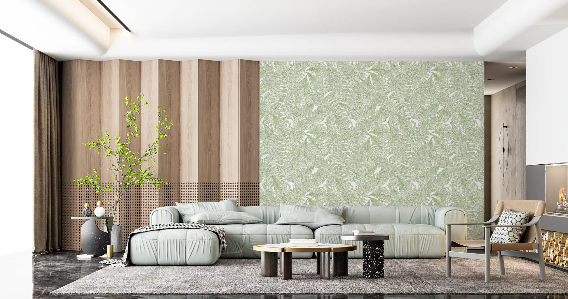 Fine pen-line fronds layer across ivory in the Serene Wallscapes Fern wallpaper