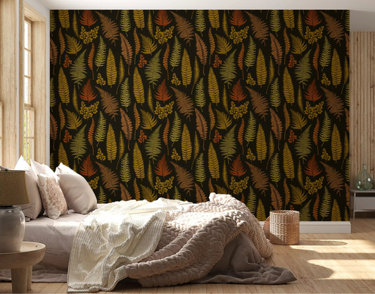 Yellow and rust fronds spread across a calm bedroom in this Ferns Wallpaper.