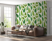 Hallway displays the natural white wallpaper, green ferns and small clusters.