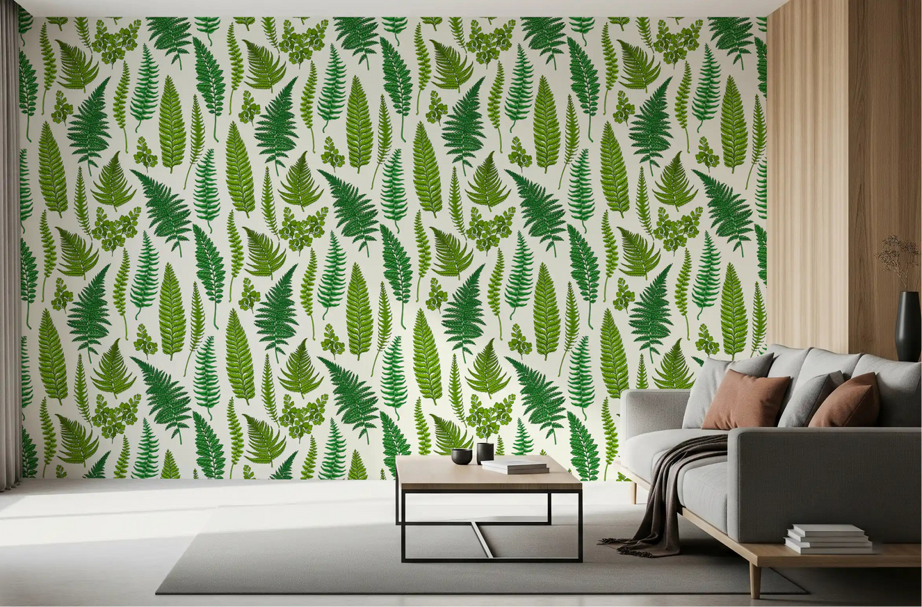 Living room scene features Ferns on Natural White wallpaper across the back area.