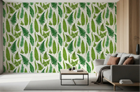 Living room scene features Ferns on Natural White wallpaper across the back area.