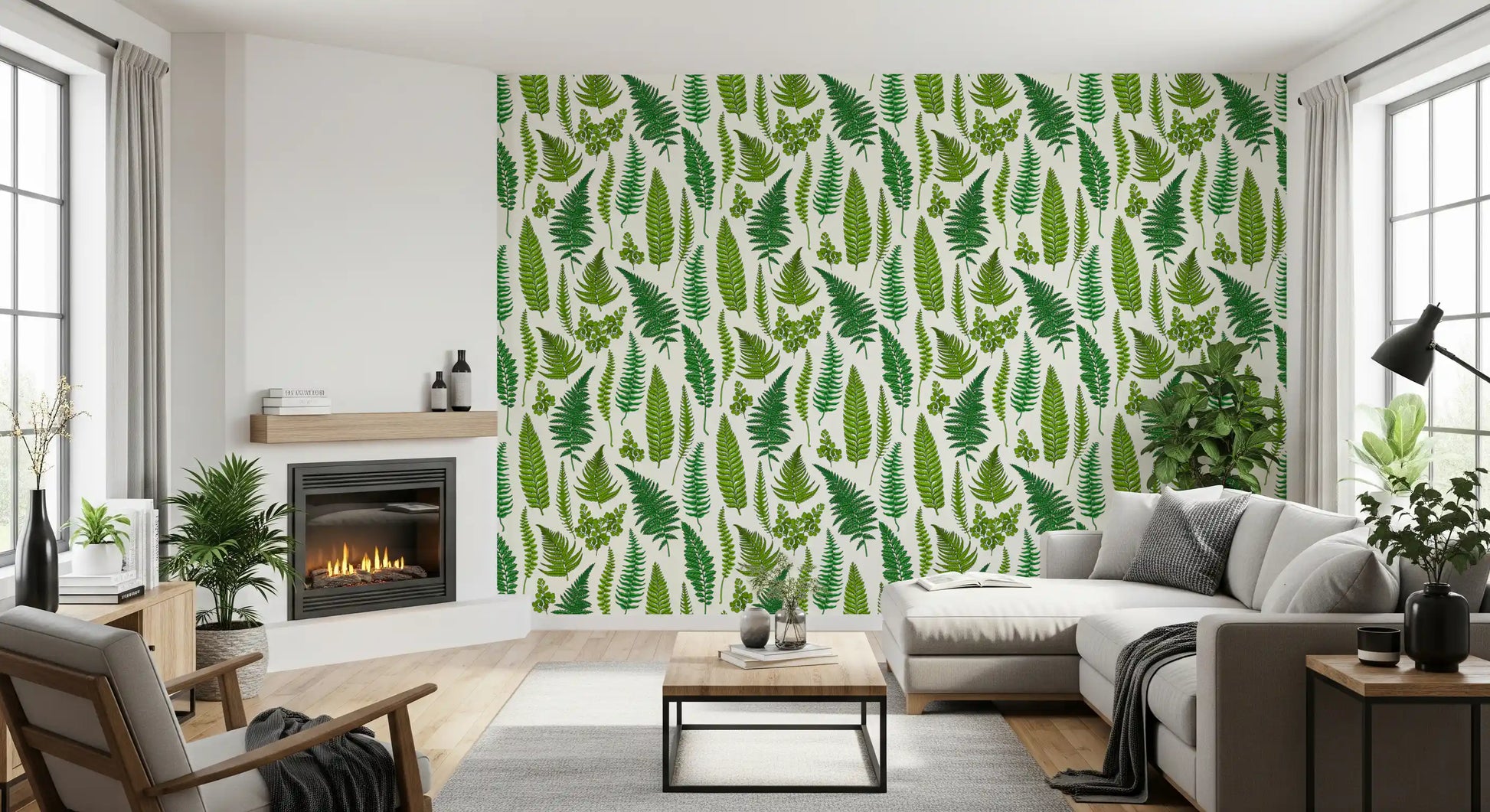 Green fern fronds within a lounge setting on the natural white wallpaper.