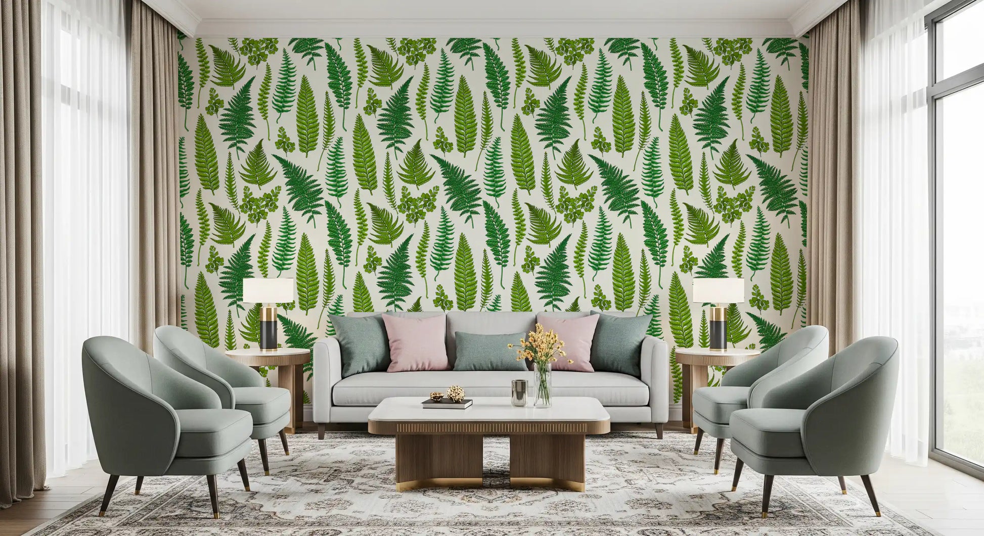 Slender stems and broader blades fill the natural white ground of this fern wallpaper.