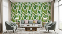 Slender stems and broader blades fill the natural white ground of this fern wallpaper.