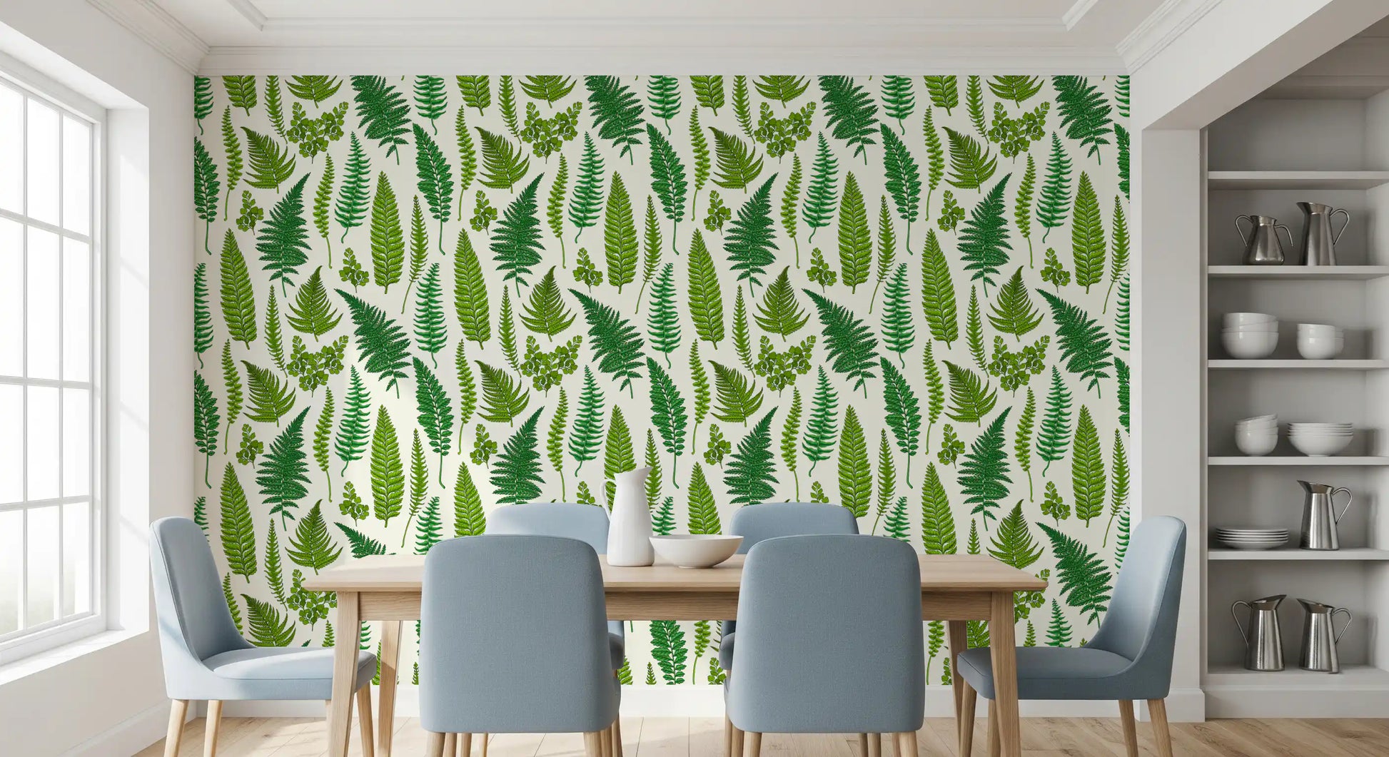 Dining area sits before the fern wallpaper with greens on a white ground.