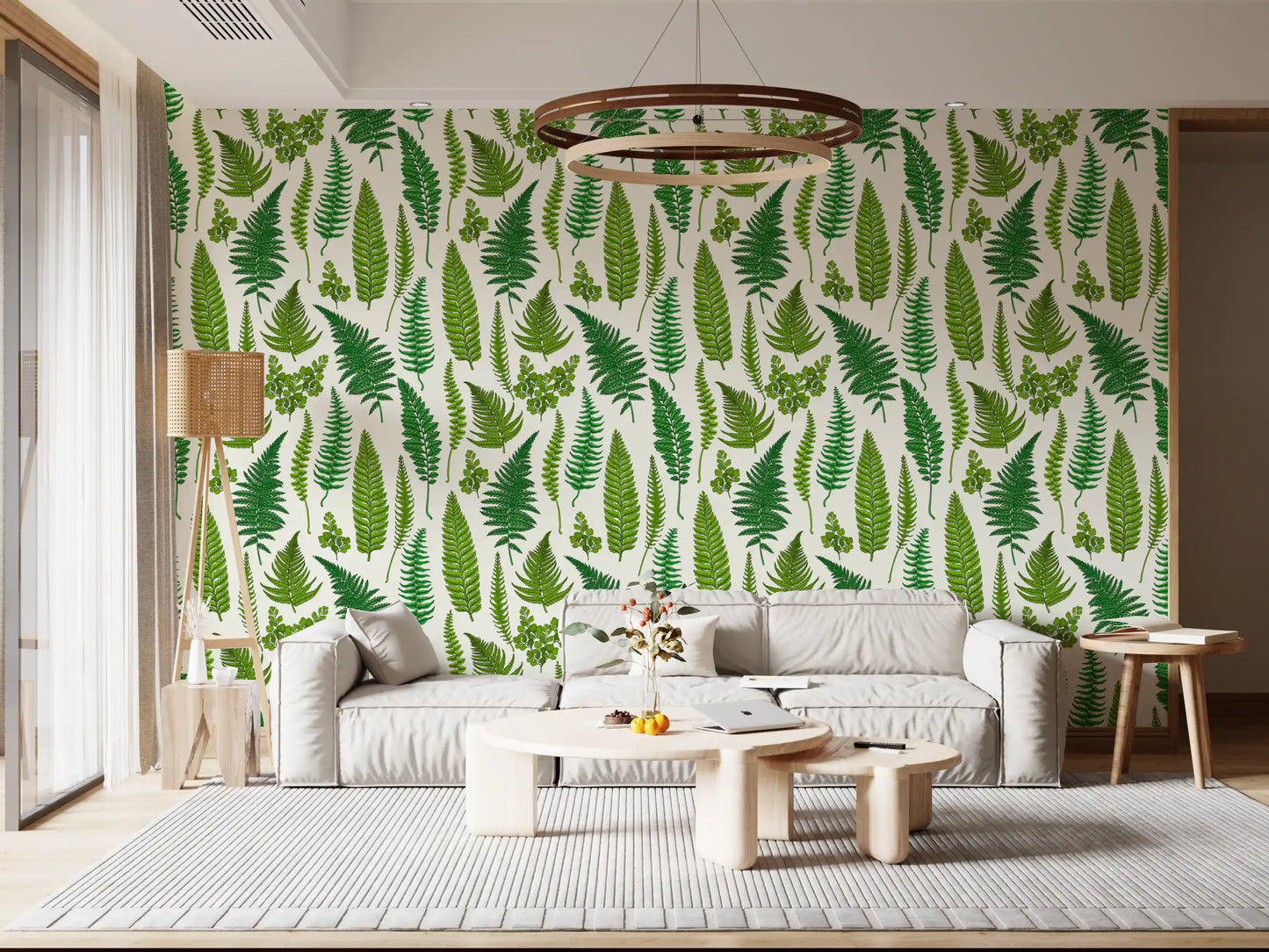 the hallway view, greens of the fern wallpaper sit on a natural white surround.