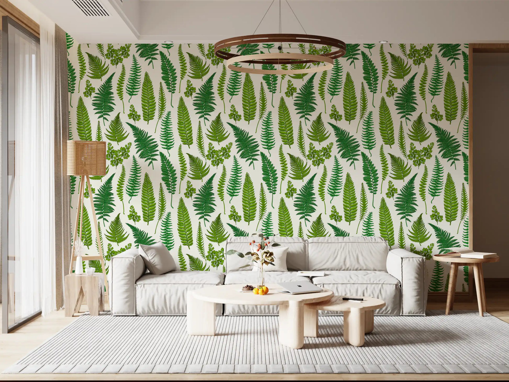 the hallway view, greens of the fern wallpaper sit on a natural white surround.