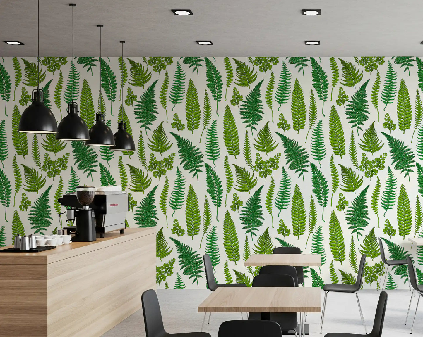 Multiple fern species cover the natural white background across this wallpaper pattern.