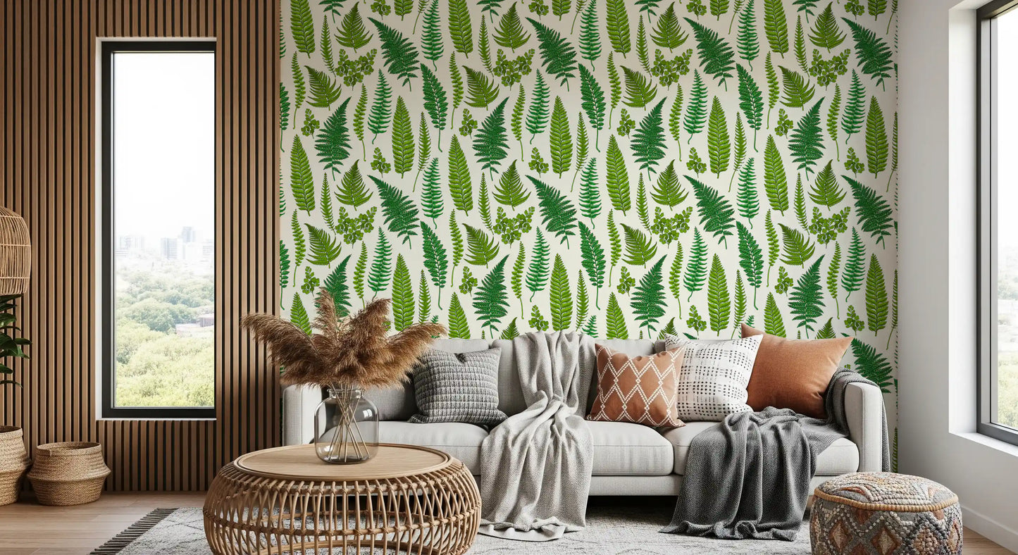 Botanical fronds through a Living room space with this fern wallpaper