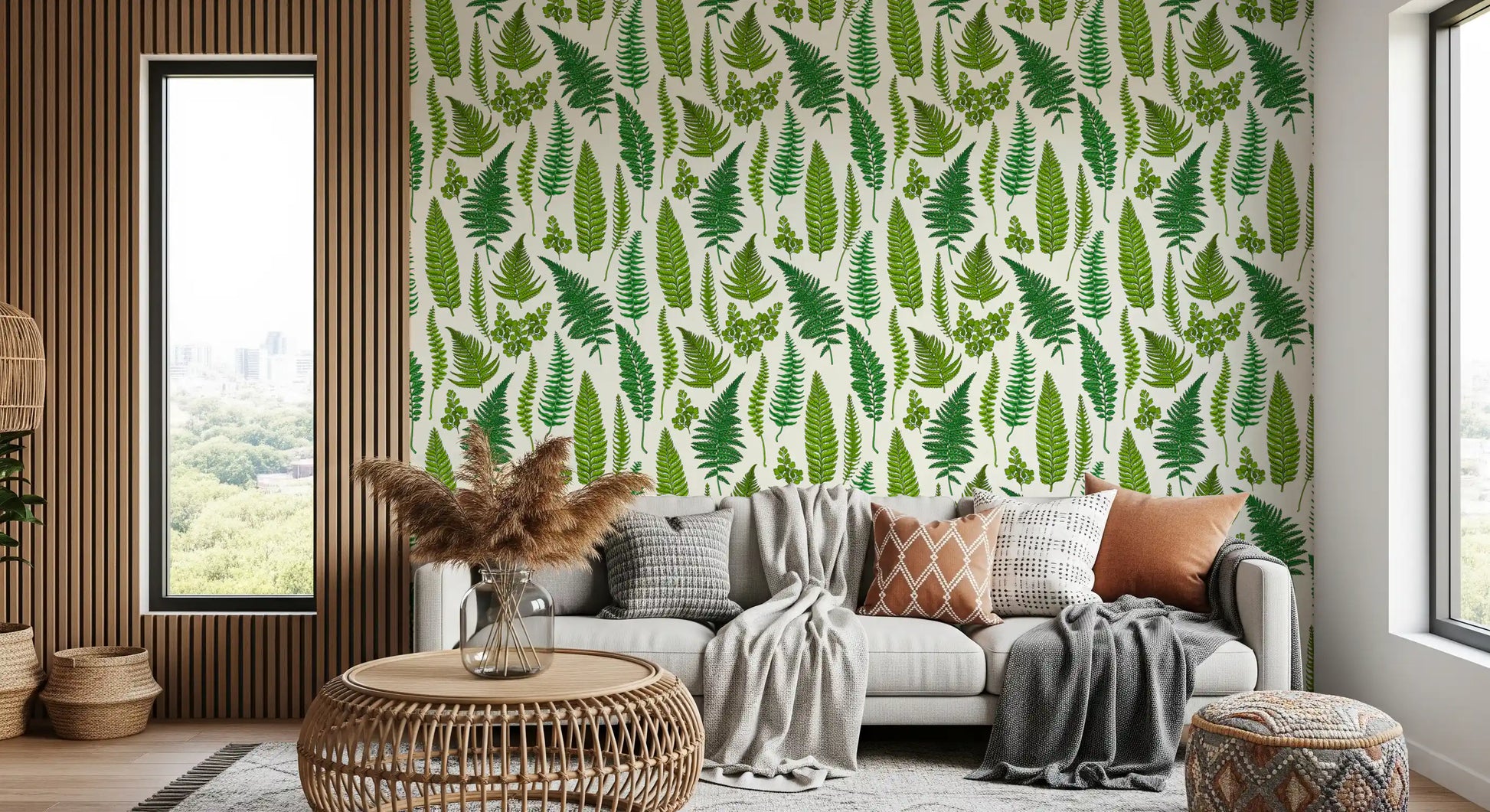 Botanical fronds through a Living room space with this fern wallpaper