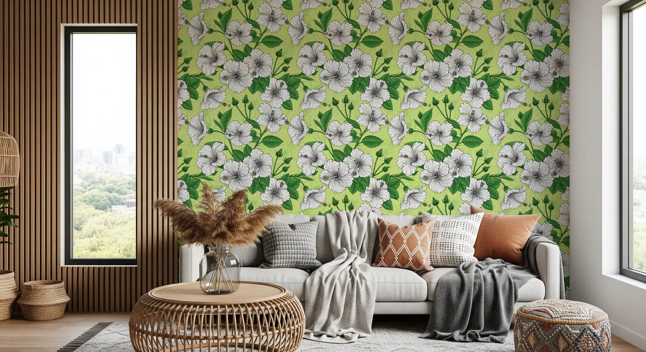Vintage Hibiscus Botanical Floral Pattern - Tropical Hawaiian Aloha Summer Garden Print Wallpaper⁠