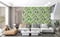 Whole living room takes on vintage hibiscus and white florals via this Aloha wallpaper