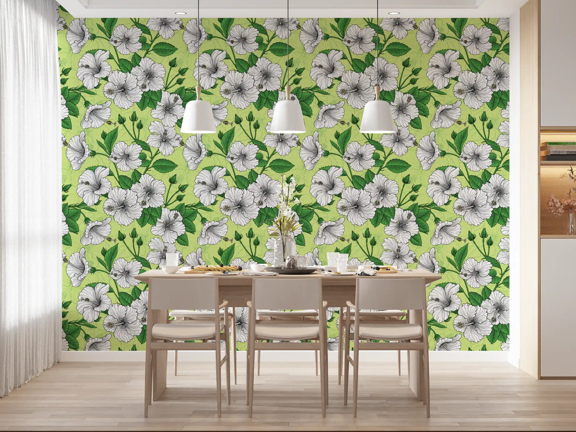 Dining area shows green leaves and hibiscus blooms in this Aloha wallpaper