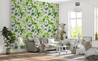 buds and leaf shapes trail between hibiscus blooms on this tropical wallpaper