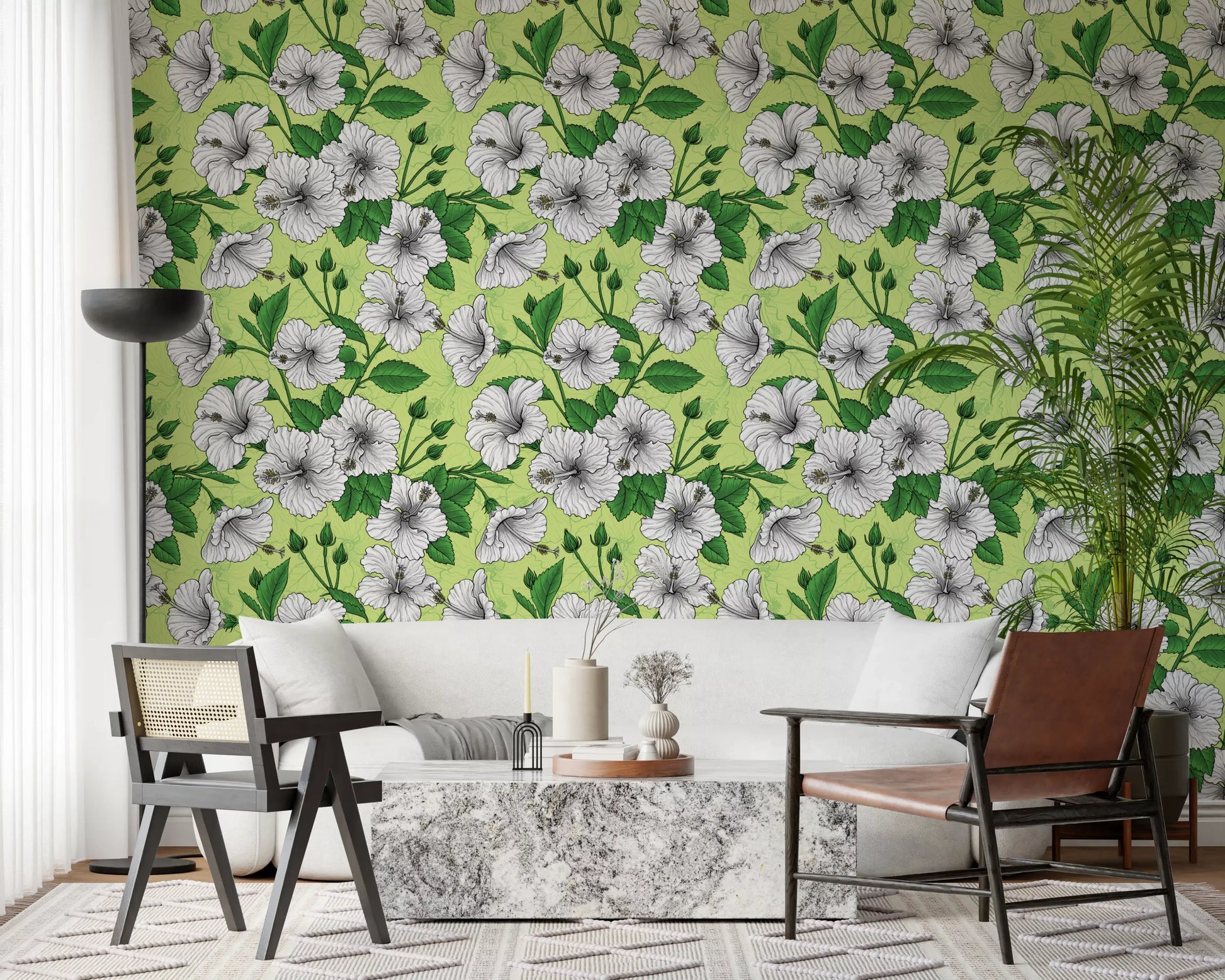 Green and white tones balance the Vintage Botanical Floral Pattern wallpaper
