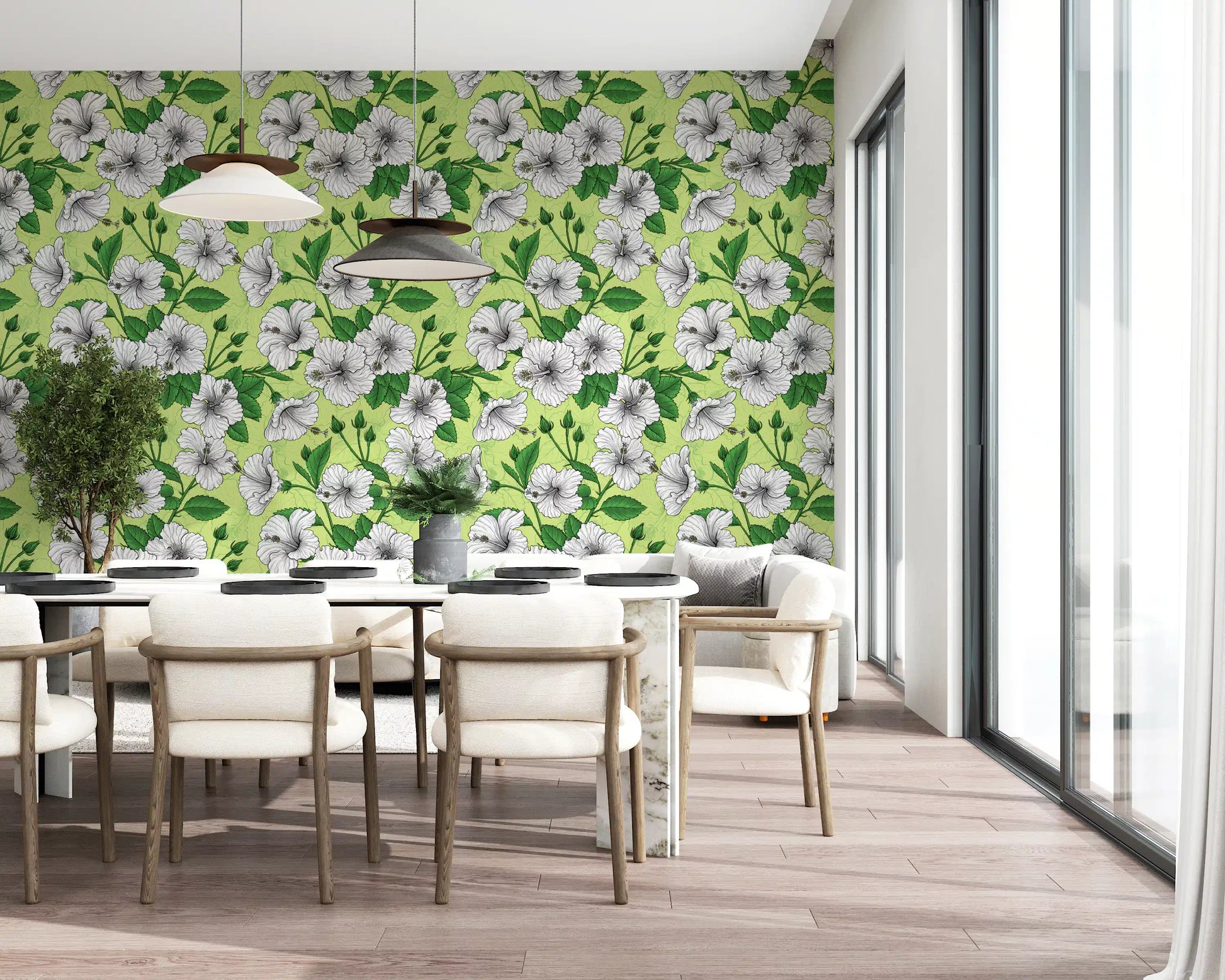 Garden mood lifts a dining room corner through this aloha summer wallpaper.