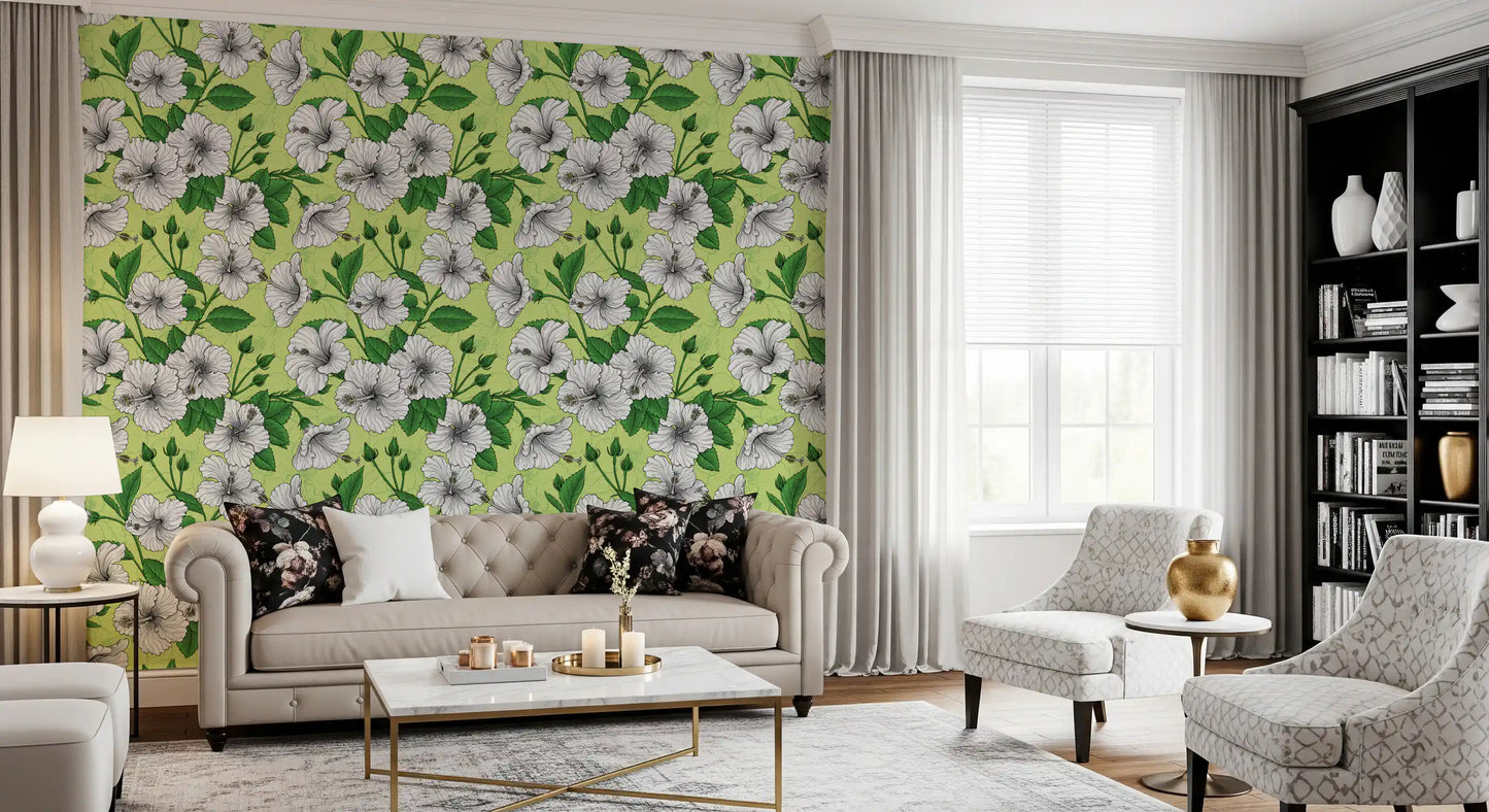 a Living room layout, leafy greenery shapes the floral hibiscus wallpaper.