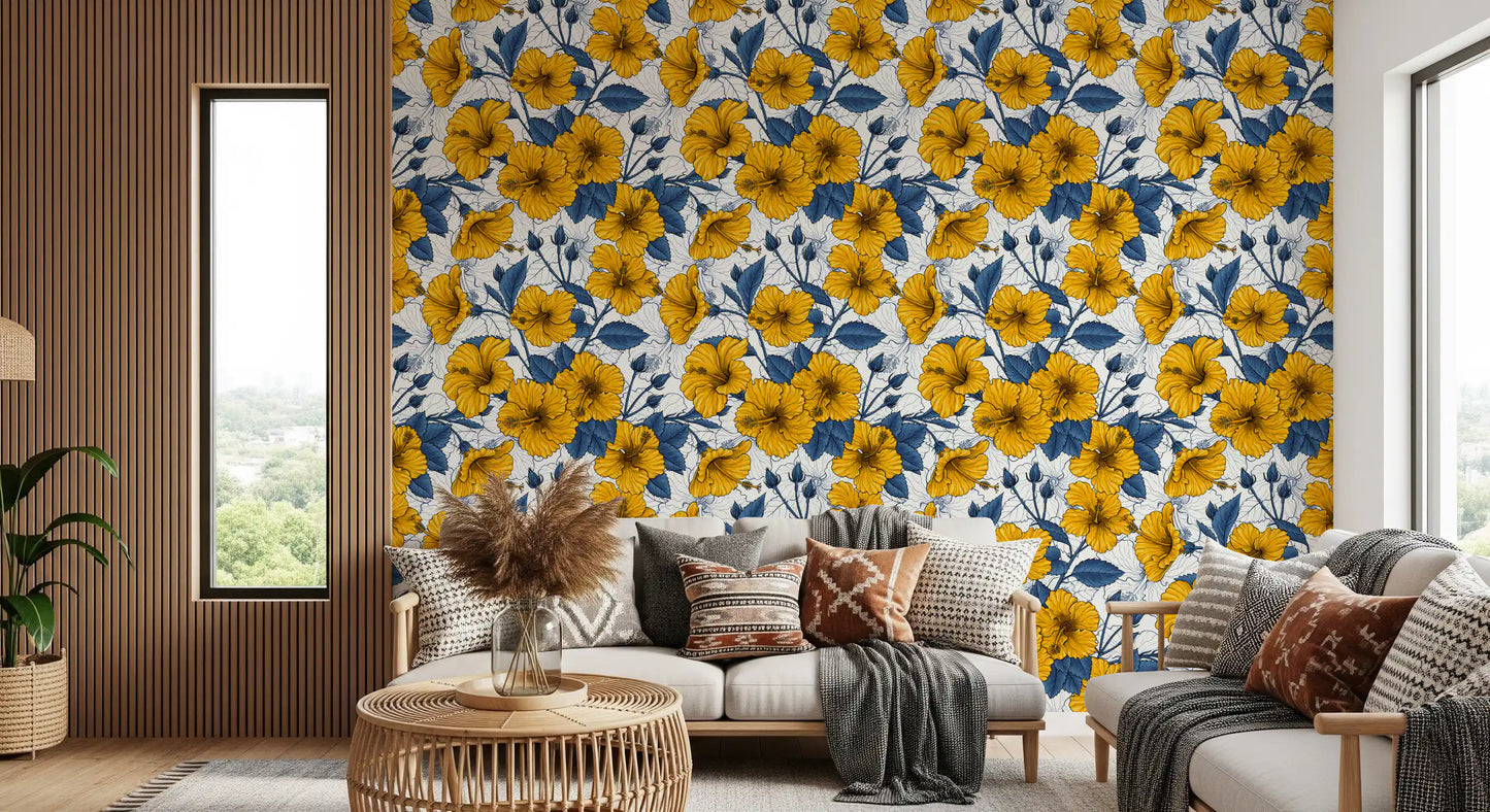 Yellow petals curve over white space in a clean vintage hibiscus wallpaper 
