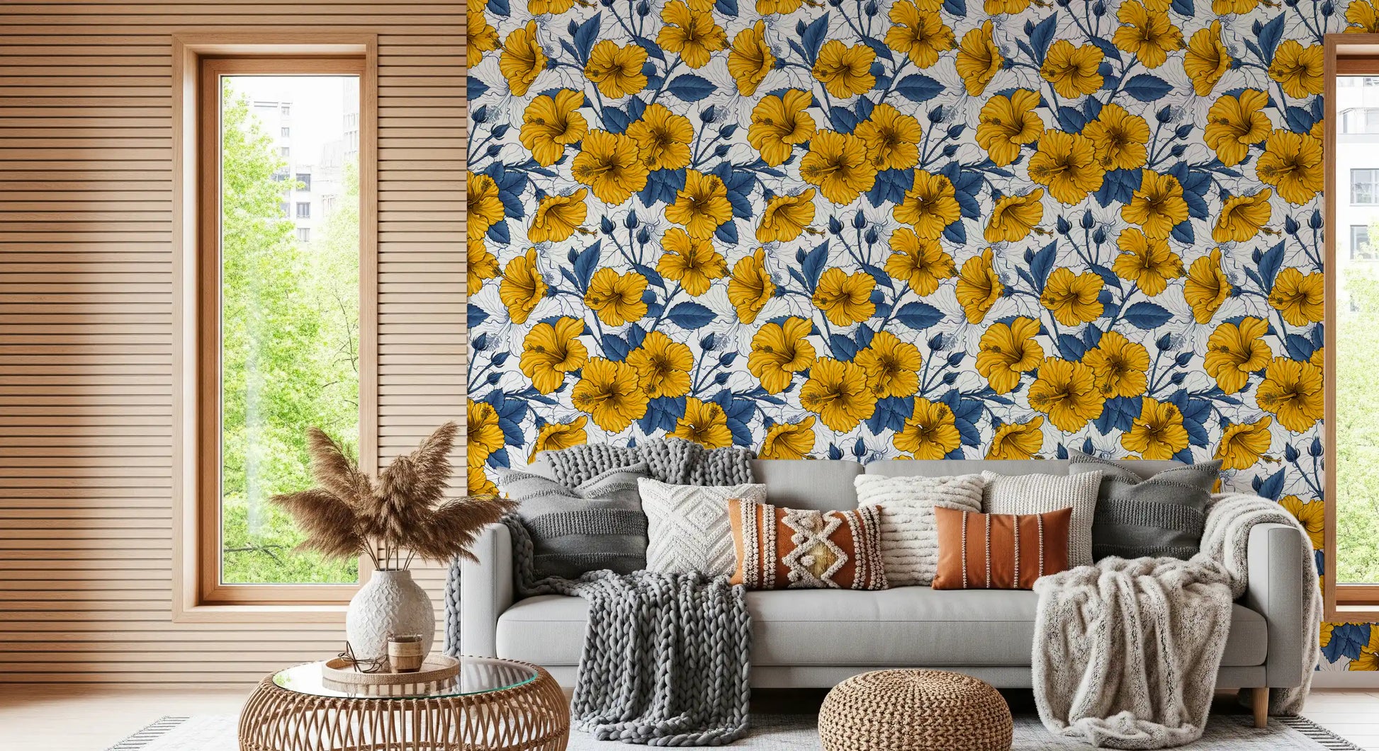 Indigo leaves cut between the blooms on this Vintage Botanical wallpaper