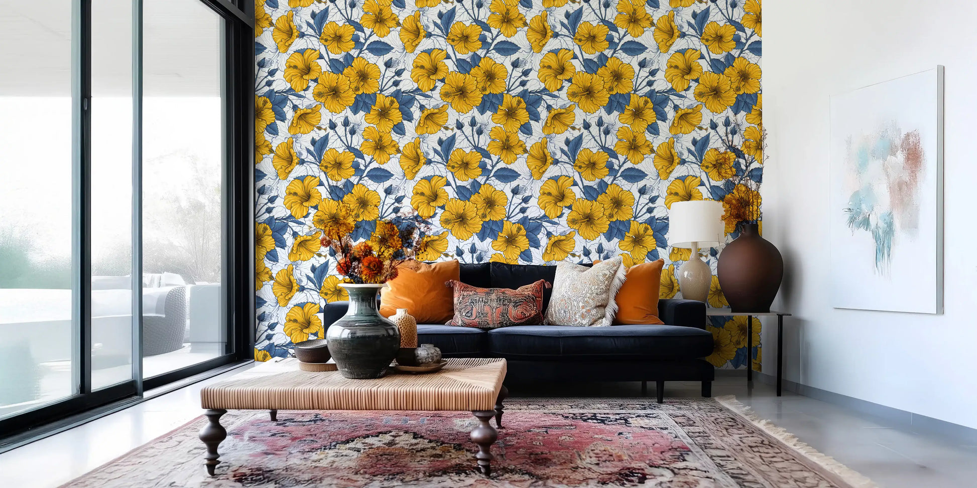 Petal heads spread over the Living area against Hibiscus wallpaper