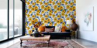 Petal heads spread over the Living area against Hibiscus wallpaper