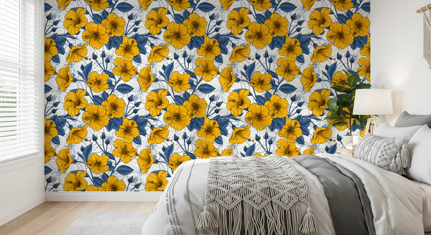 Botanical line studies open the Bedroom behind golden hibiscus on this wallpaper.