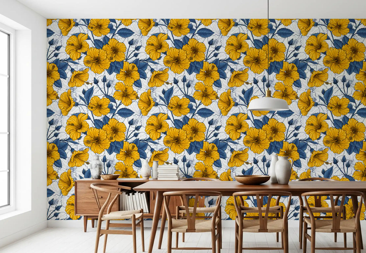 Navy  cools the Dining room paired with yellow hibiscus on this wallpaper