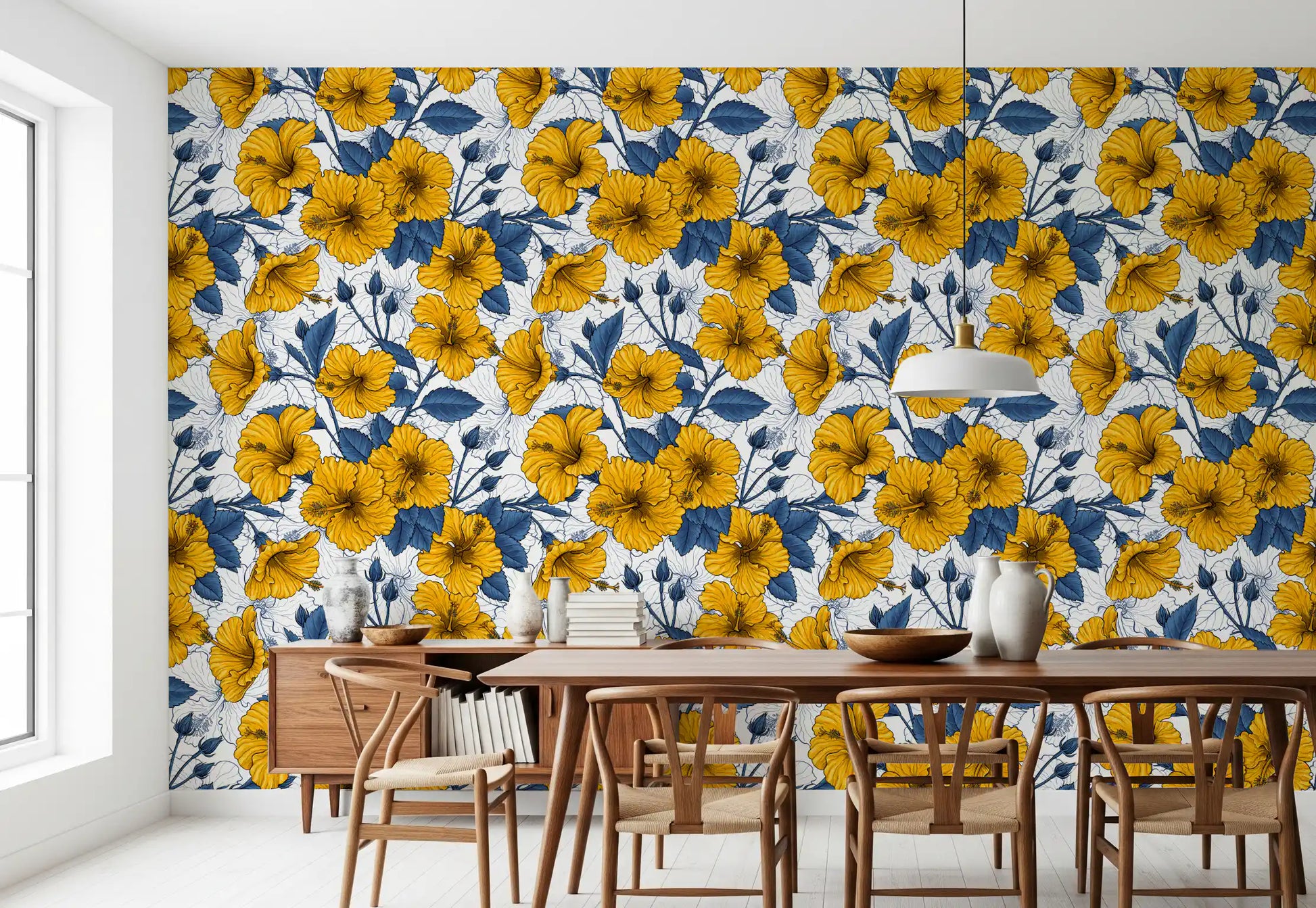 Navy  cools the Dining room paired with yellow hibiscus on this wallpaper