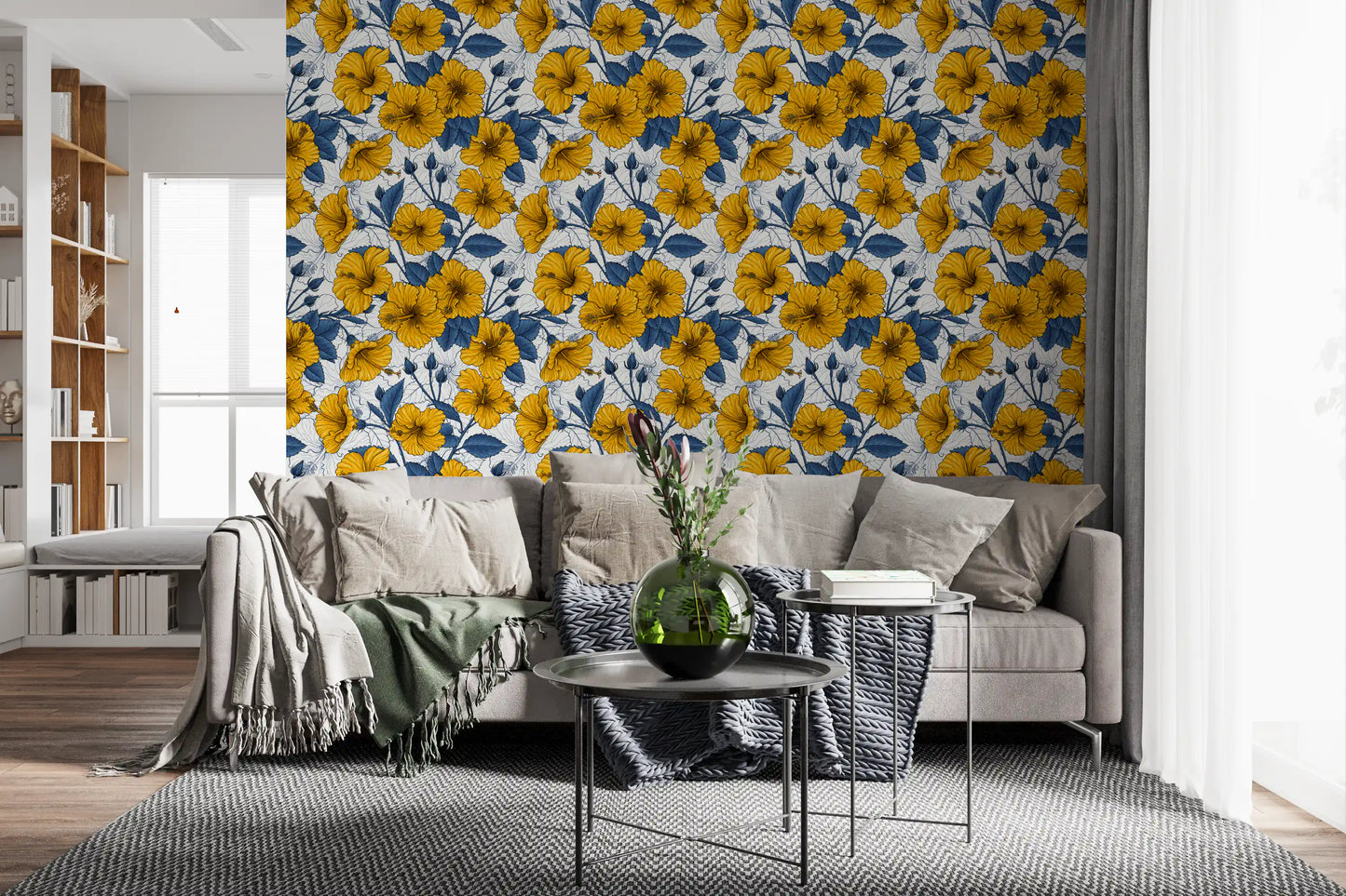 Large hibiscus heads pair with pale line drawings on the wallpaper