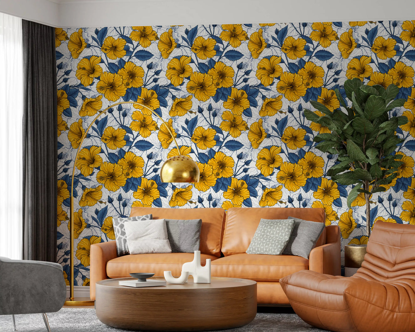 Vintage Hibiscus Botanical Floral Pattern .Tropical Hawaiian Aloha Summer Garden Print Wallpaper⁠