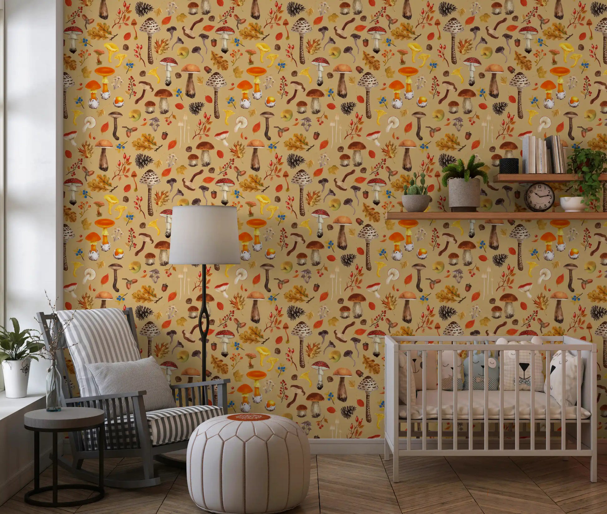 Wild Mushrooms on Ochre wallpaper warms a Nursery  with autumn tones
