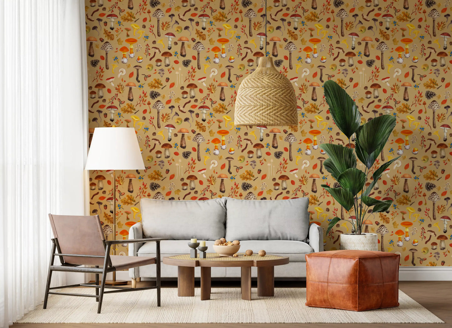 Golden ochre woodland wallpaper filling a wide living room space
