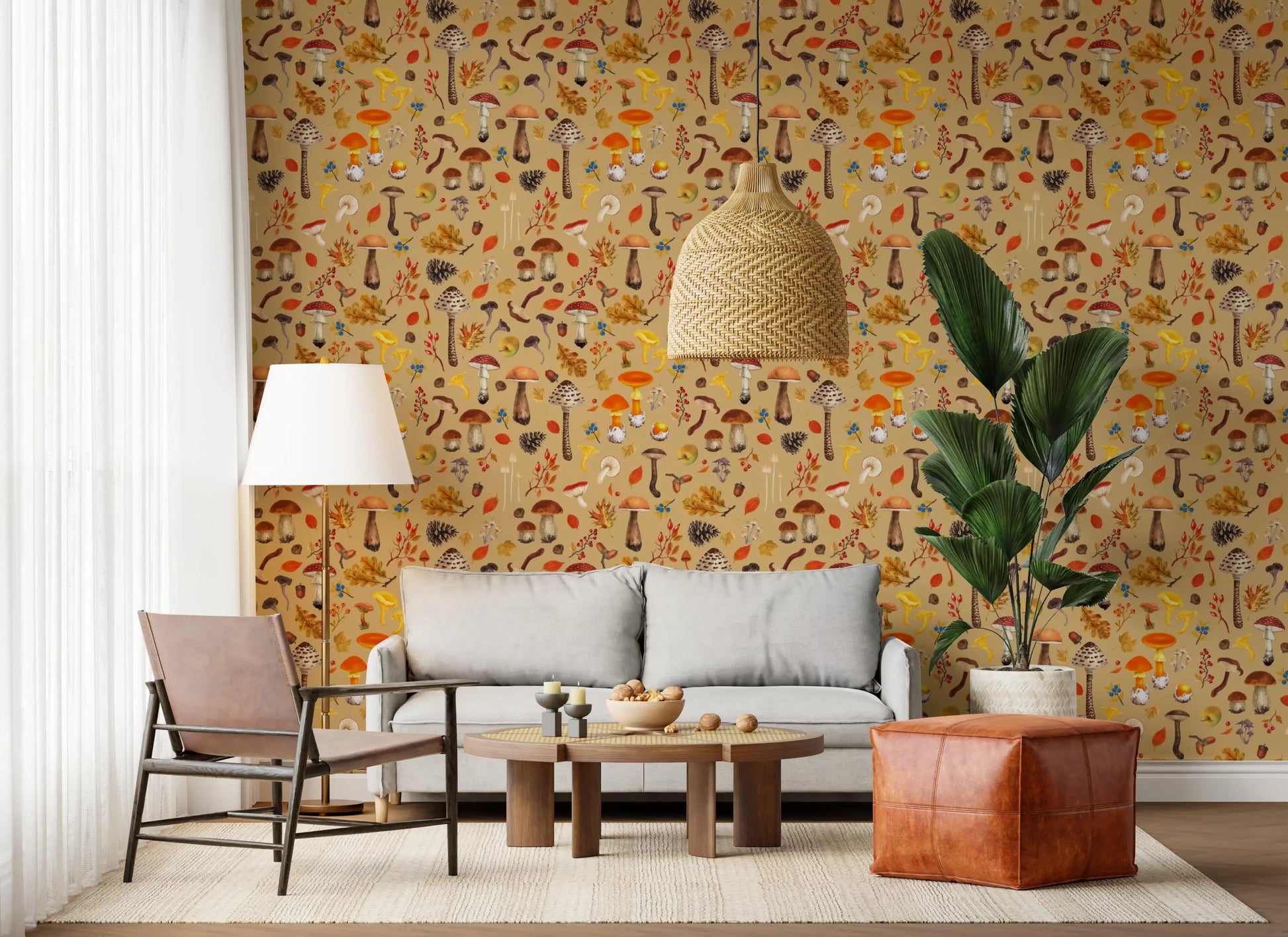 Golden ochre woodland wallpaper filling a wide living room space