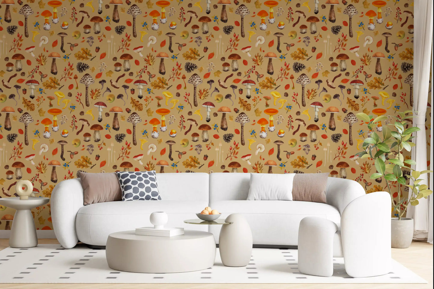 Red and white fly agaric caps repeating on the Wild Mushrooms on Ochre wallpaper