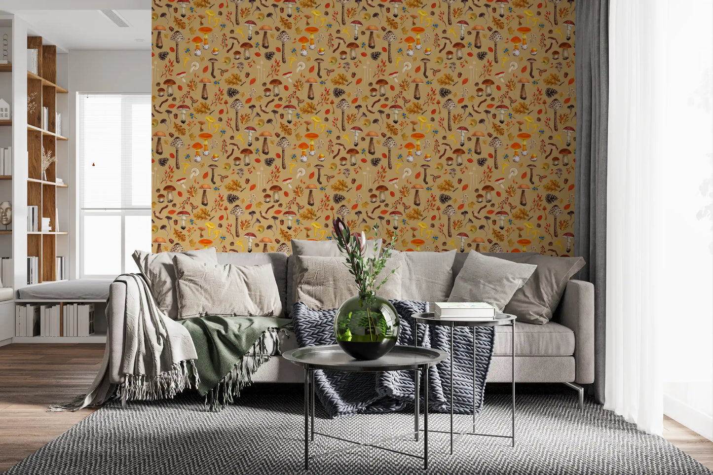 A lounge gains seasonal depth from the Wild Mushrooms on Ochre wallpaper
