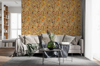 A lounge gains seasonal depth from the Wild Mushrooms on Ochre wallpaper