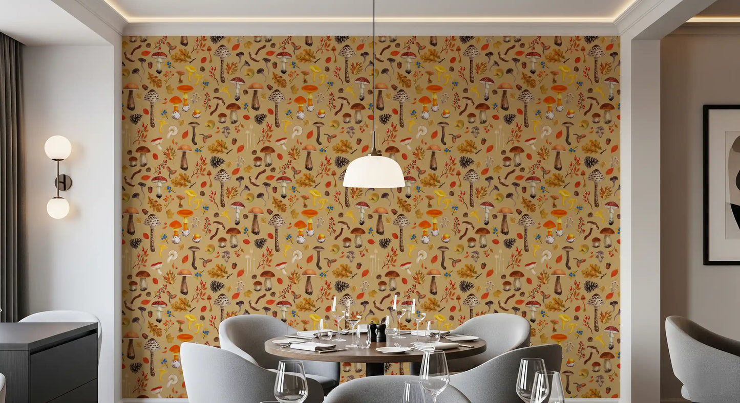 Curling oak leaves and acorns dotted between caps on the Wild Mushrooms wallpaper